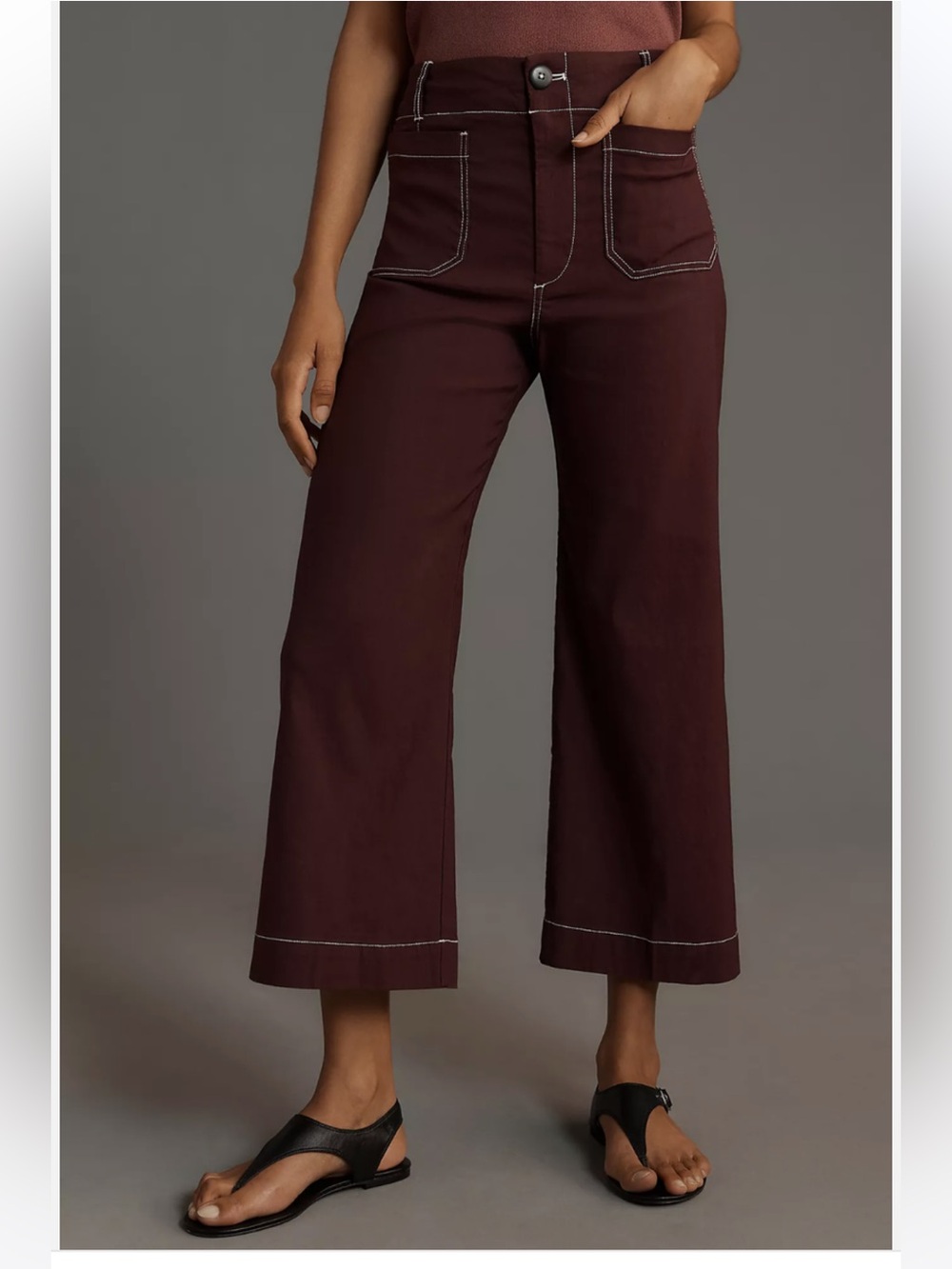 Maeve Colette Magic Fabric Contrast Stitch Wide Leg Crop Pants Brown White Sz 34